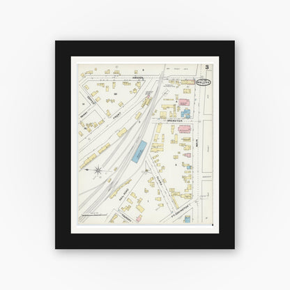 Old map wall art mockup — black gallery frame with white mat — Sanborn Fire Insurance Map from Malone, Franklin County, New York (1892), Sheet #0003