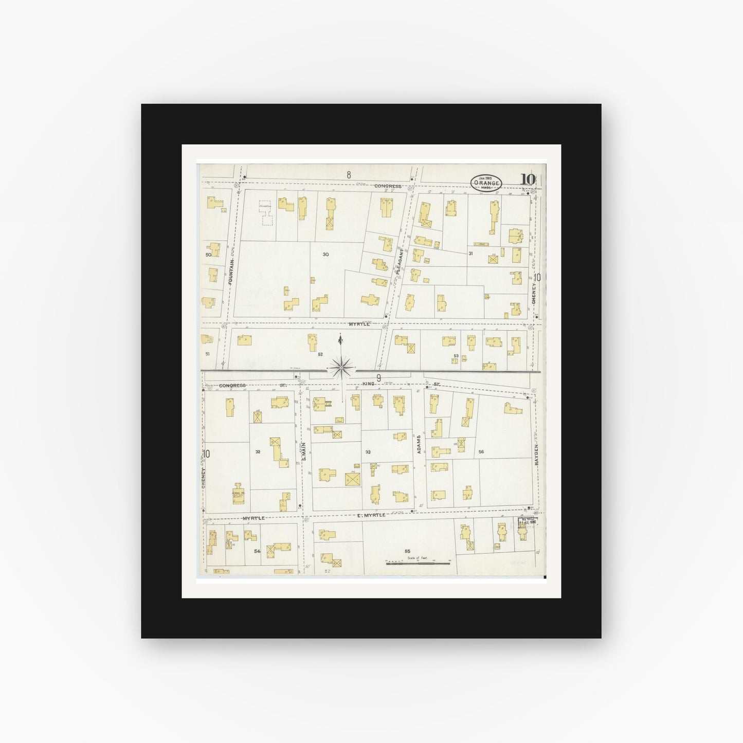 Old map wall art mockup — black gallery frame with white mat — Sanborn Fire Insurance Map from Orange, Franklin County, Massachusetts (1905), Sheet #0010