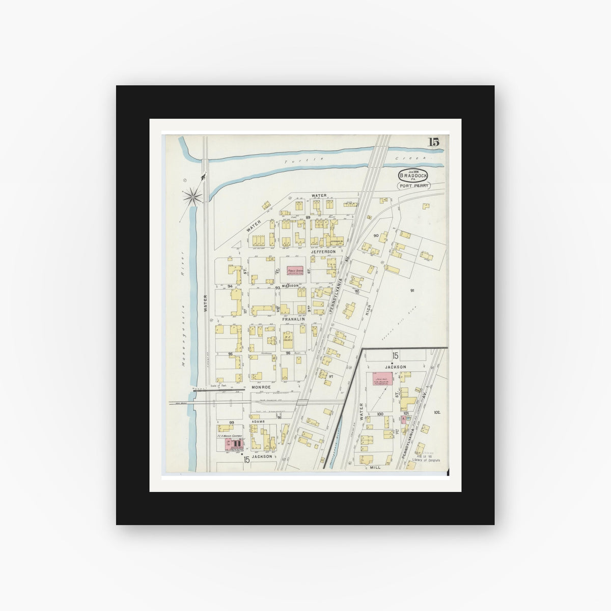 Old map wall art mockup — black gallery frame with white mat — Sanborn Fire Insurance Map from Braddock, Allegheny County, Pennsylvania (1896), Sheet #0015