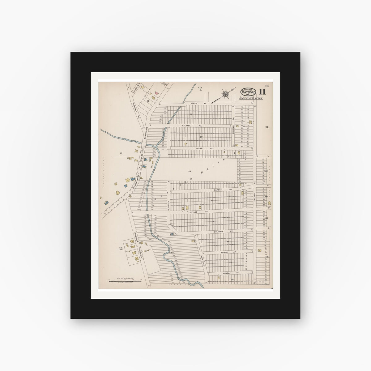 Old map wall art mockup — black gallery frame with white mat — Sanborn Fire Insurance Map from Hatboro, Montgomery County, Pennsylvania (1922), Sheet #0011
