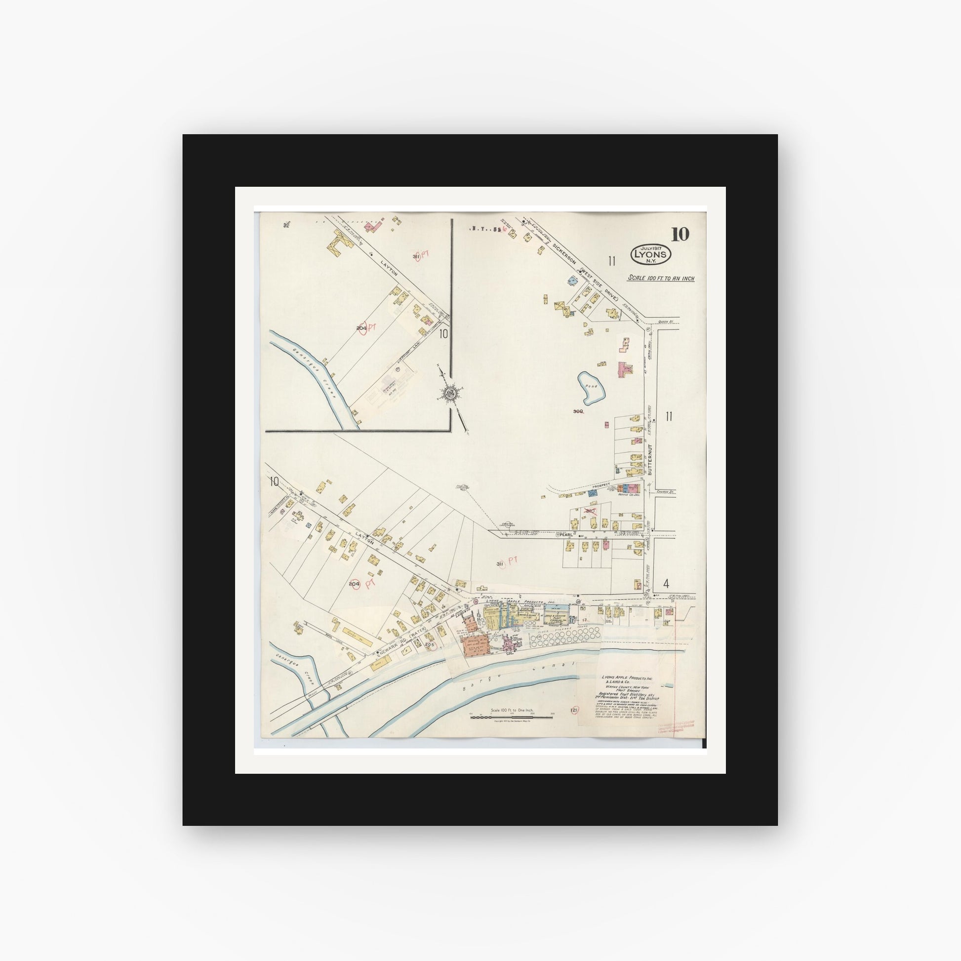 Old map wall art mockup — black gallery frame with white mat — Sanborn Fire Insurance Map from Lyons, Wayne County, New York (1949), Sheet #0010