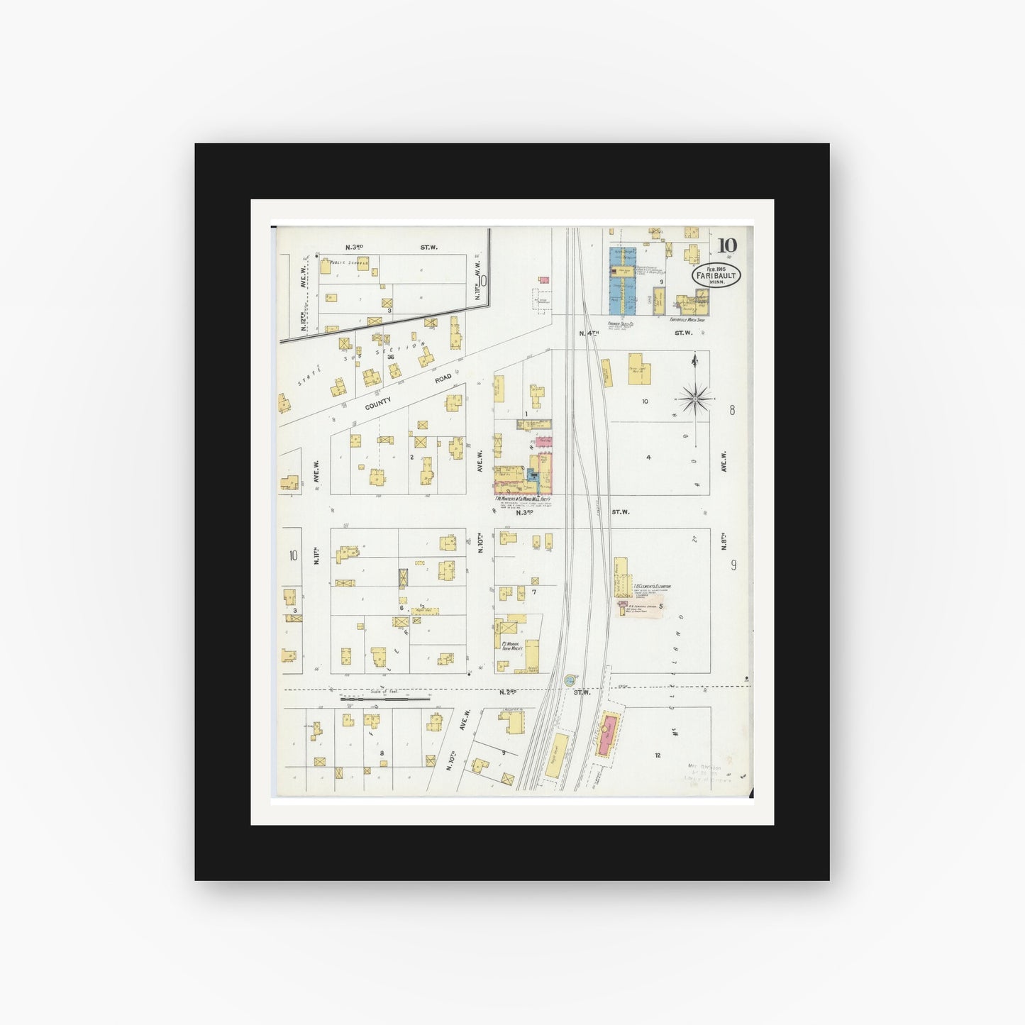 Old map wall art mockup — black gallery frame with white mat — Sanborn Fire Insurance Map from Faribault, Rice County, Minnesota (1905), Sheet #0010