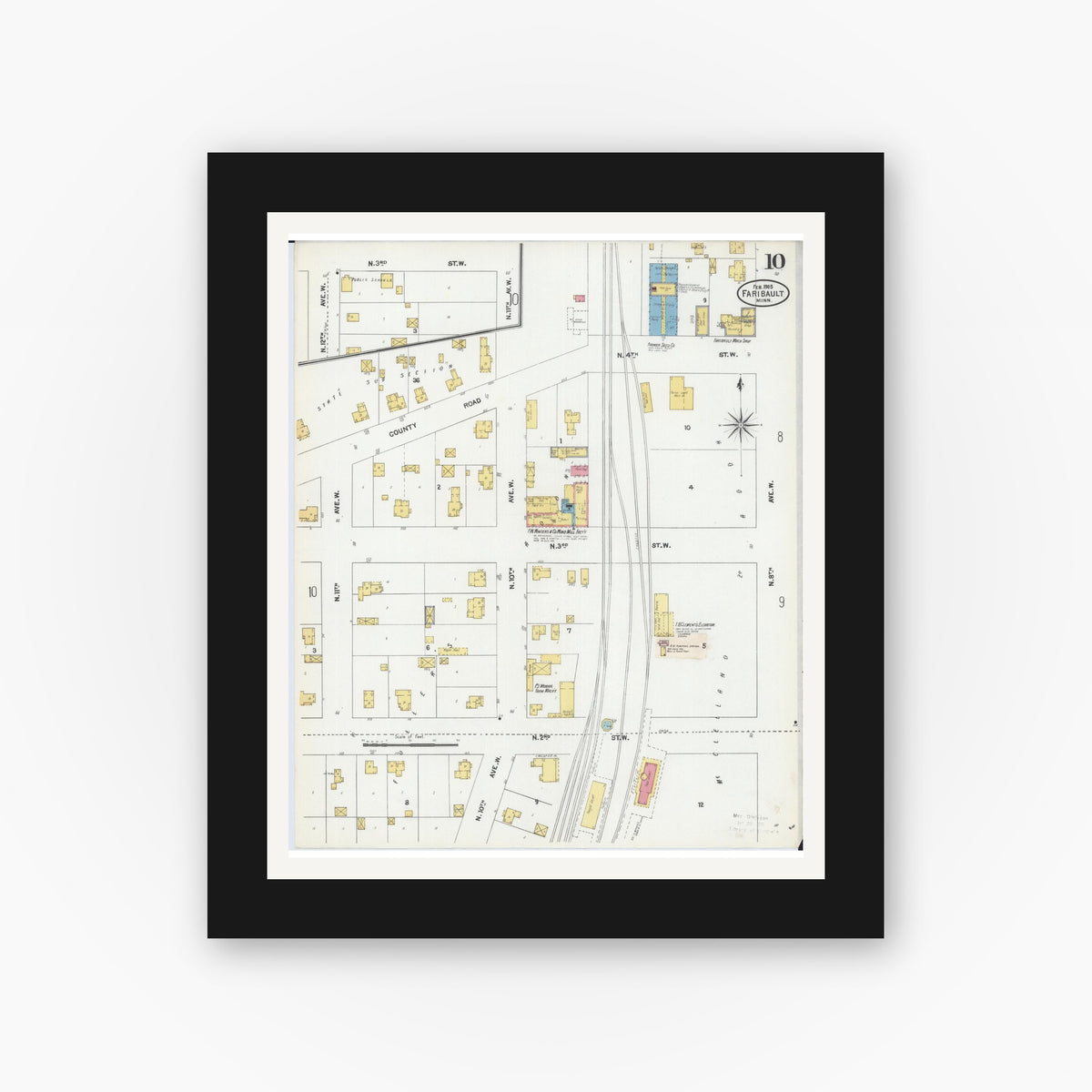 Old map wall art mockup — black gallery frame with white mat — Sanborn Fire Insurance Map from Faribault, Rice County, Minnesota (1905), Sheet #0010