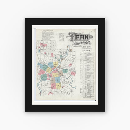 Old map wall art mockup — black gallery frame with white mat — Sanborn Fire Insurance Map from Tiffin, Seneca County, Ohio (1896), Sheet #0001