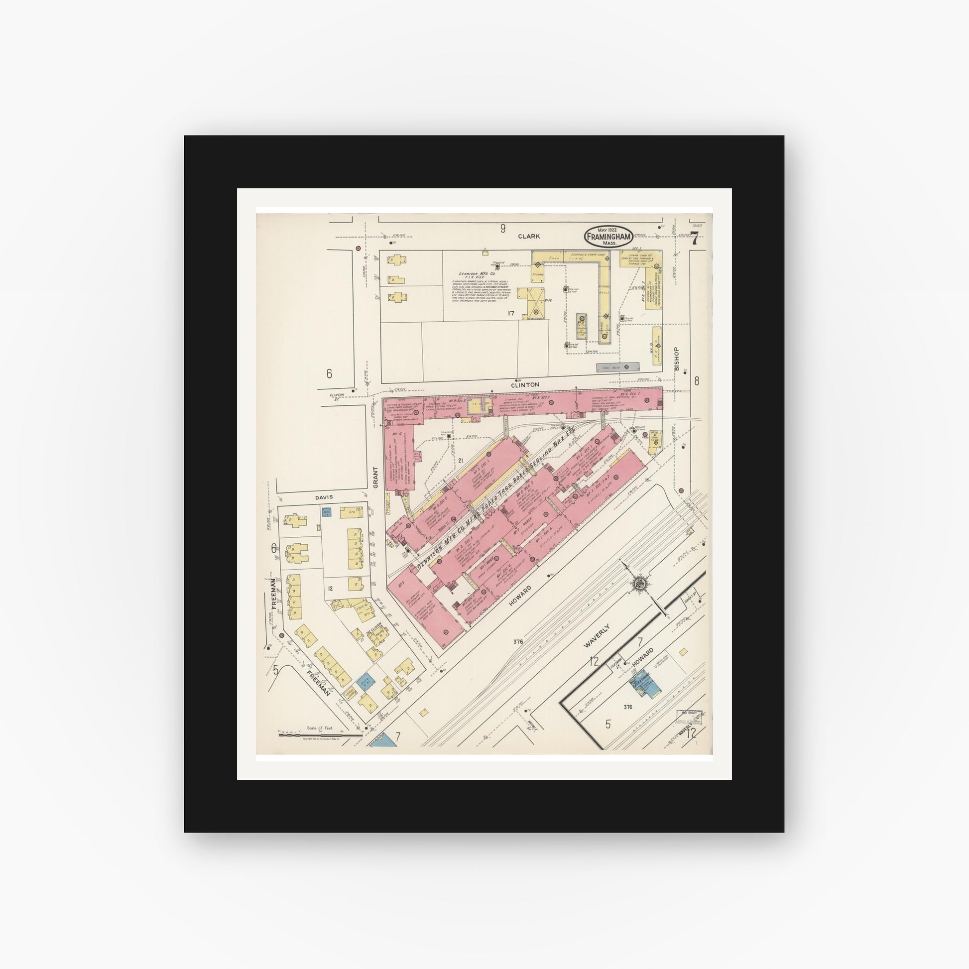 Old map wall art mockup — black gallery frame with white mat — Sanborn Fire Insurance Map from Framingham, Middlesex County, Massachusetts (1922), Sheet #0007