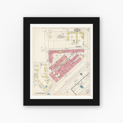 Old map wall art mockup — black gallery frame with white mat — Sanborn Fire Insurance Map from Framingham, Middlesex County, Massachusetts (1922), Sheet #0007