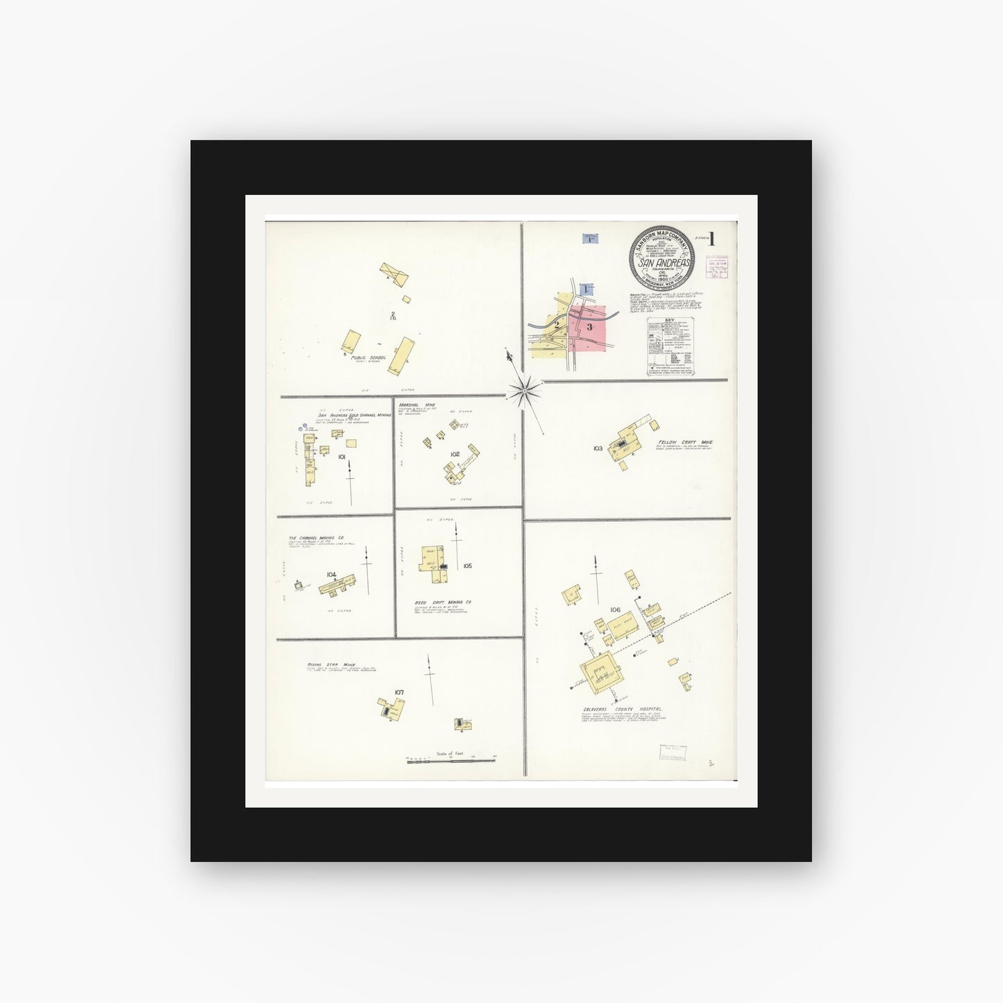 Old map wall art mockup — black gallery frame with white mat — Sanborn Fire Insurance Map from San Andreas, Calaveras County, California (1908) - Complete Map Set