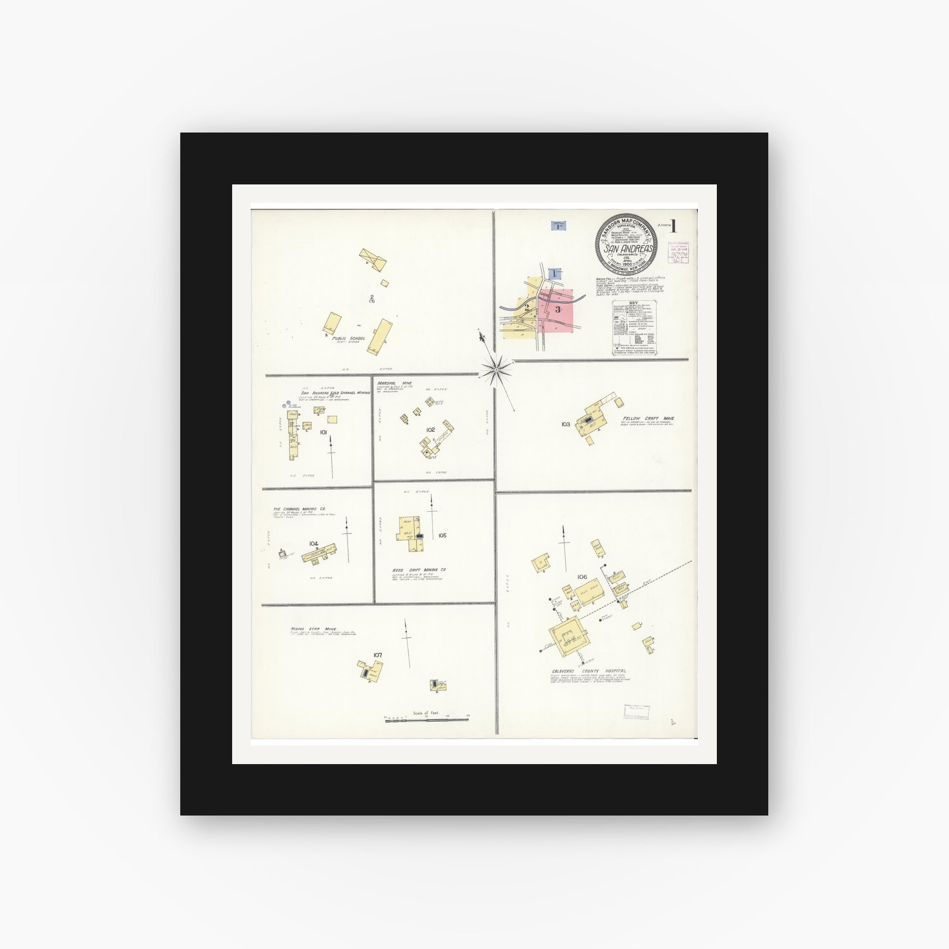 Old map wall art mockup — black gallery frame with white mat — Sanborn Fire Insurance Map from San Andreas, Calaveras County, California (1908) - Complete Map Set