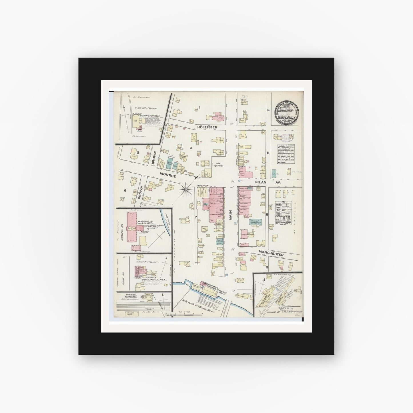 Old map wall art mockup — black gallery frame with white mat — Sanborn Fire Insurance Map from Monroeville, Huron County, Ohio (1884), Sheet #0001