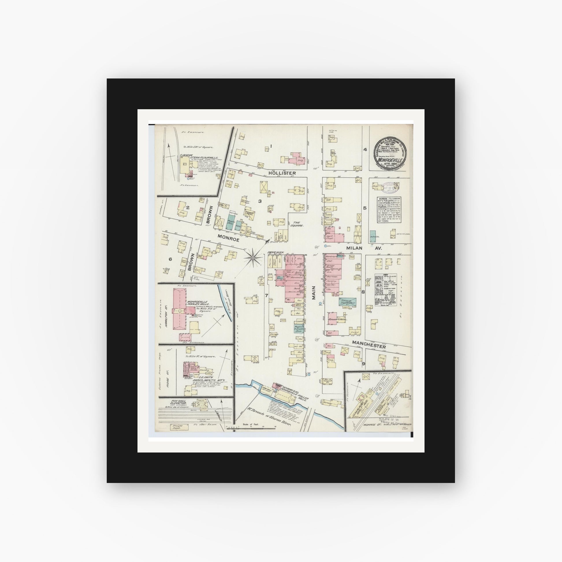 Old map wall art mockup — black gallery frame with white mat — Sanborn Fire Insurance Map from Monroeville, Huron County, Ohio (1884), Sheet #0001