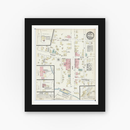 Old map wall art mockup — black gallery frame with white mat — Sanborn Fire Insurance Map from Monroeville, Huron County, Ohio (1884), Sheet #0001