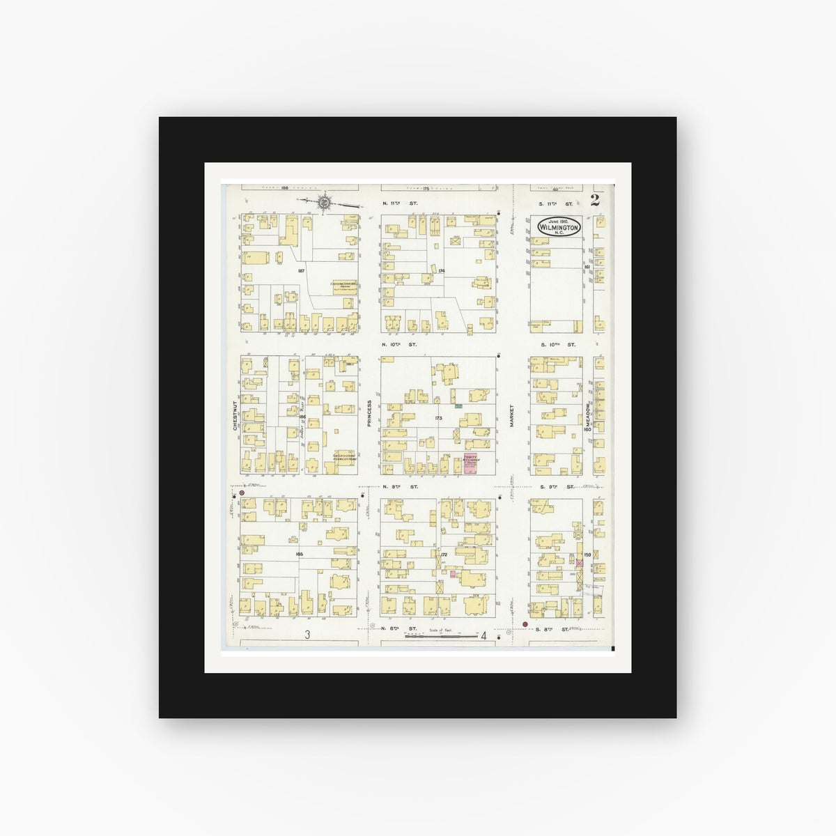 Old map wall art mockup — black gallery frame with white mat — Sanborn Fire Insurance Map from Wilmington, New Hanover County, North Carolina (1910), Sheet #0002