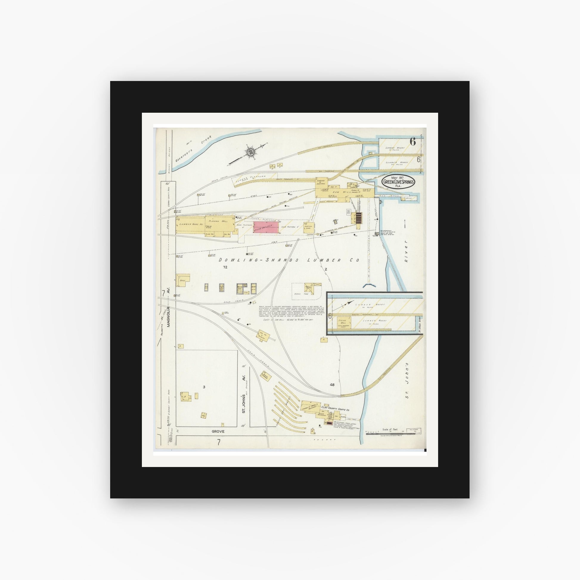 Old map wall art mockup — black gallery frame with white mat — Sanborn Fire Insurance Map from Green Cove Springs, Clay County, Florida (1917), Sheet #0006