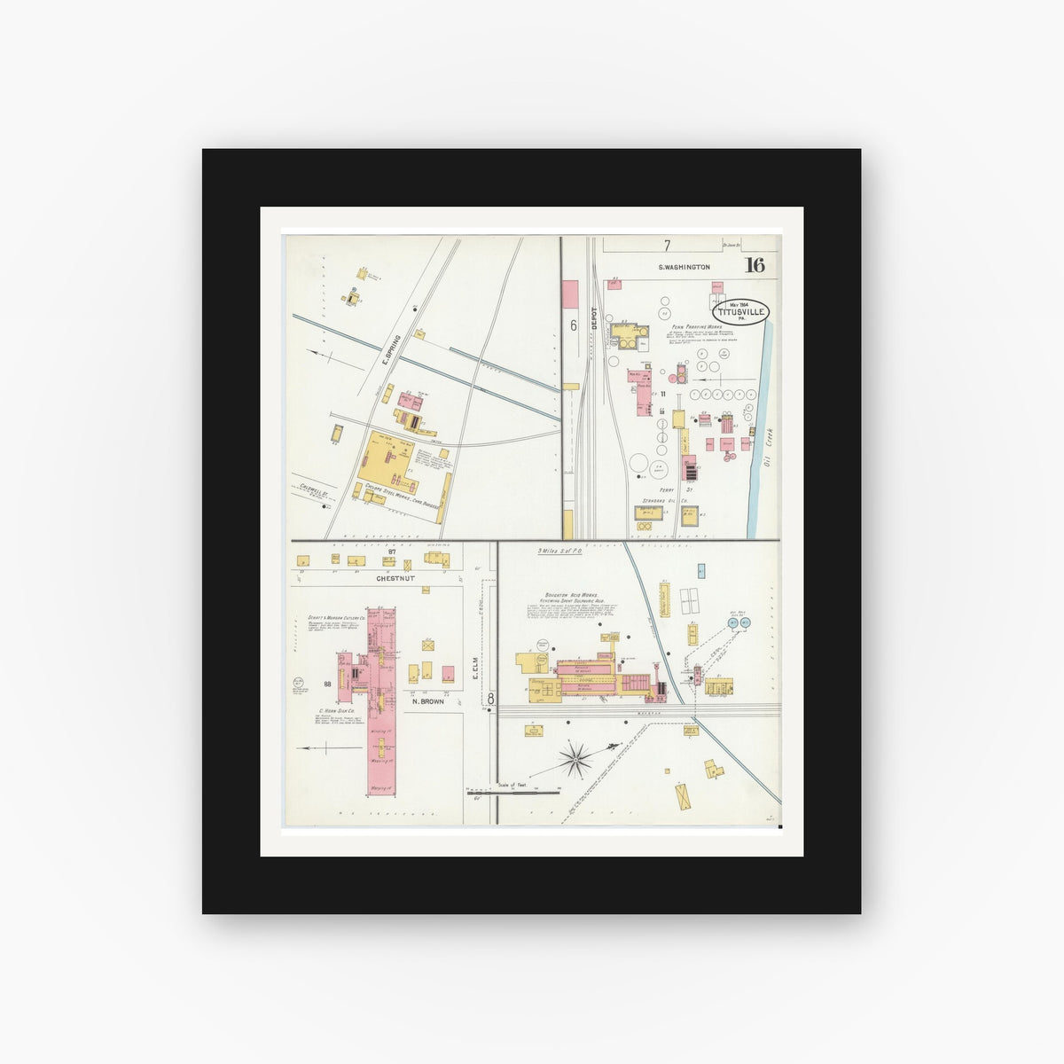 Old map wall art mockup — black gallery frame with white mat — Sanborn Fire Insurance Map from Titusville, Crawford County, Pennsylvania (1904), Sheet #0016