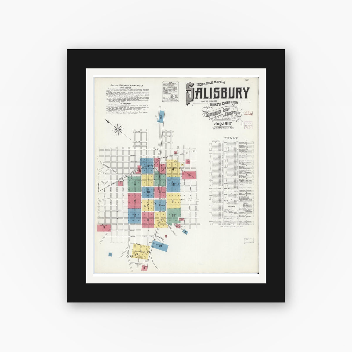 Old map wall art mockup — black gallery frame with white mat — Sanborn Fire Insurance Map from Salisbury, Rowan County, North Carolina (1907) - Complete Map Set