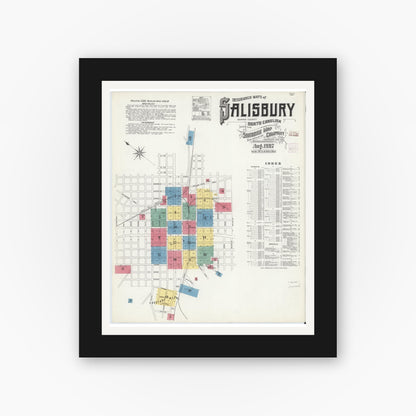 Old map wall art mockup — black gallery frame with white mat — Sanborn Fire Insurance Map from Salisbury, Rowan County, North Carolina (1907) - Complete Map Set