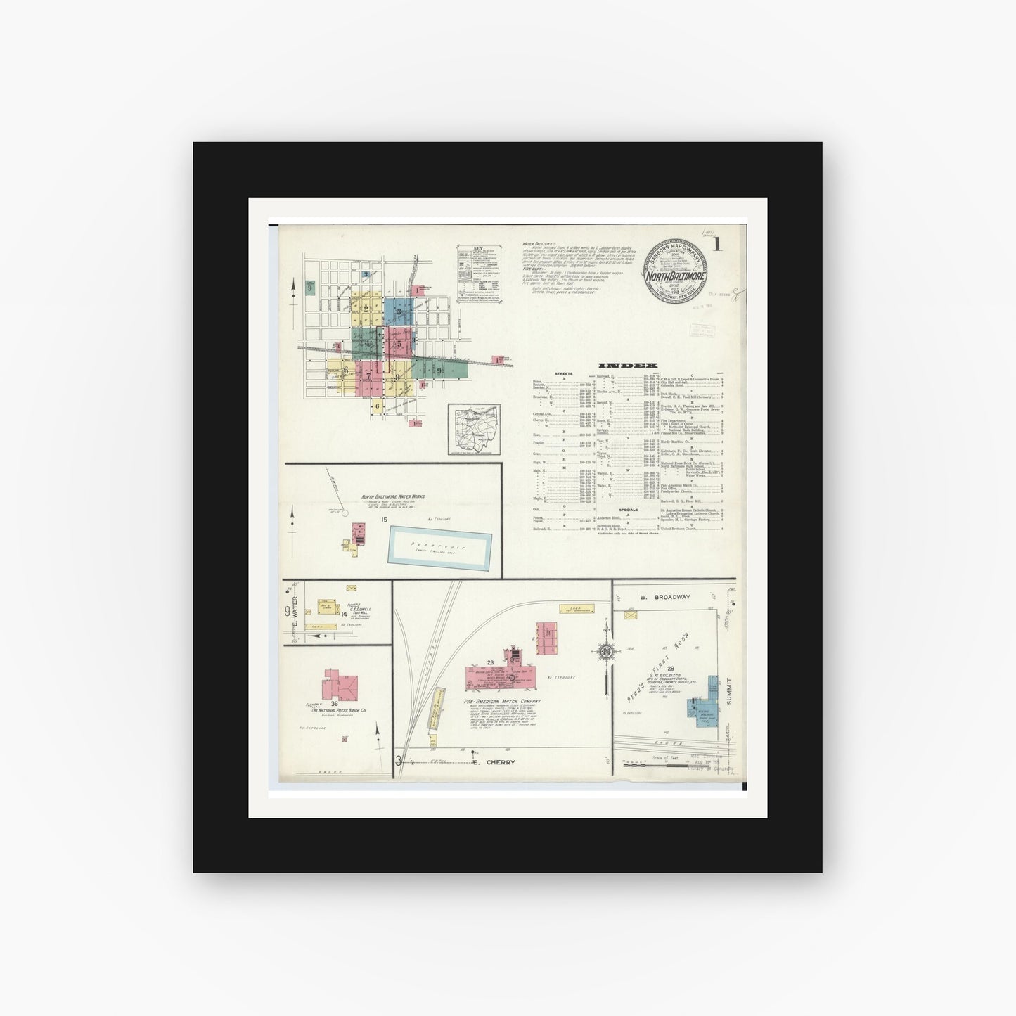 Old map wall art mockup — black gallery frame with white mat — Sanborn Fire Insurance Map from North Baltimore, Wood County, Ohio (1913), Sheet #0001