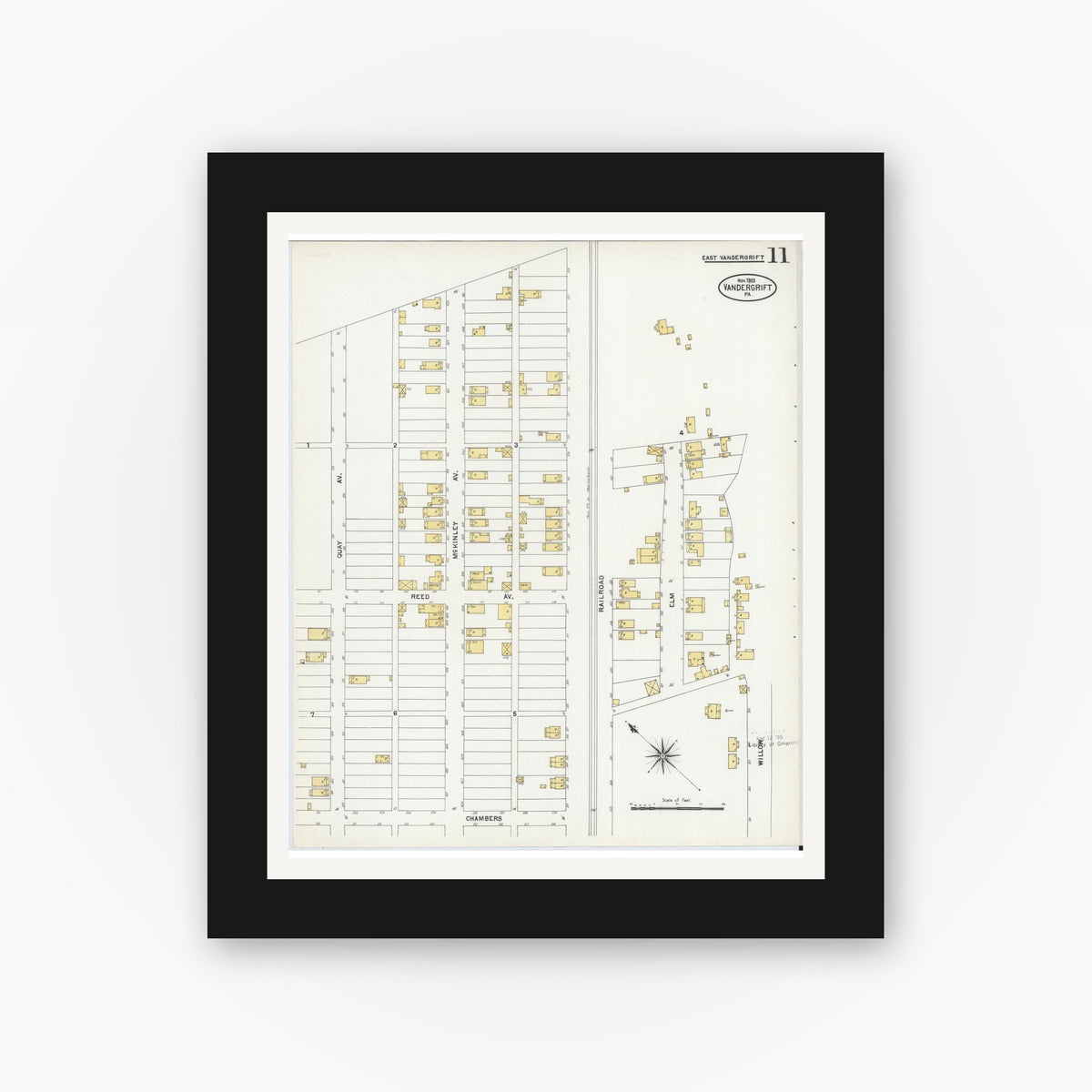 Old map wall art mockup — black gallery frame with white mat — Sanborn Fire Insurance Map from Vandergrift, Westmoreland County, Pennsylvania (1903), Sheet #0011