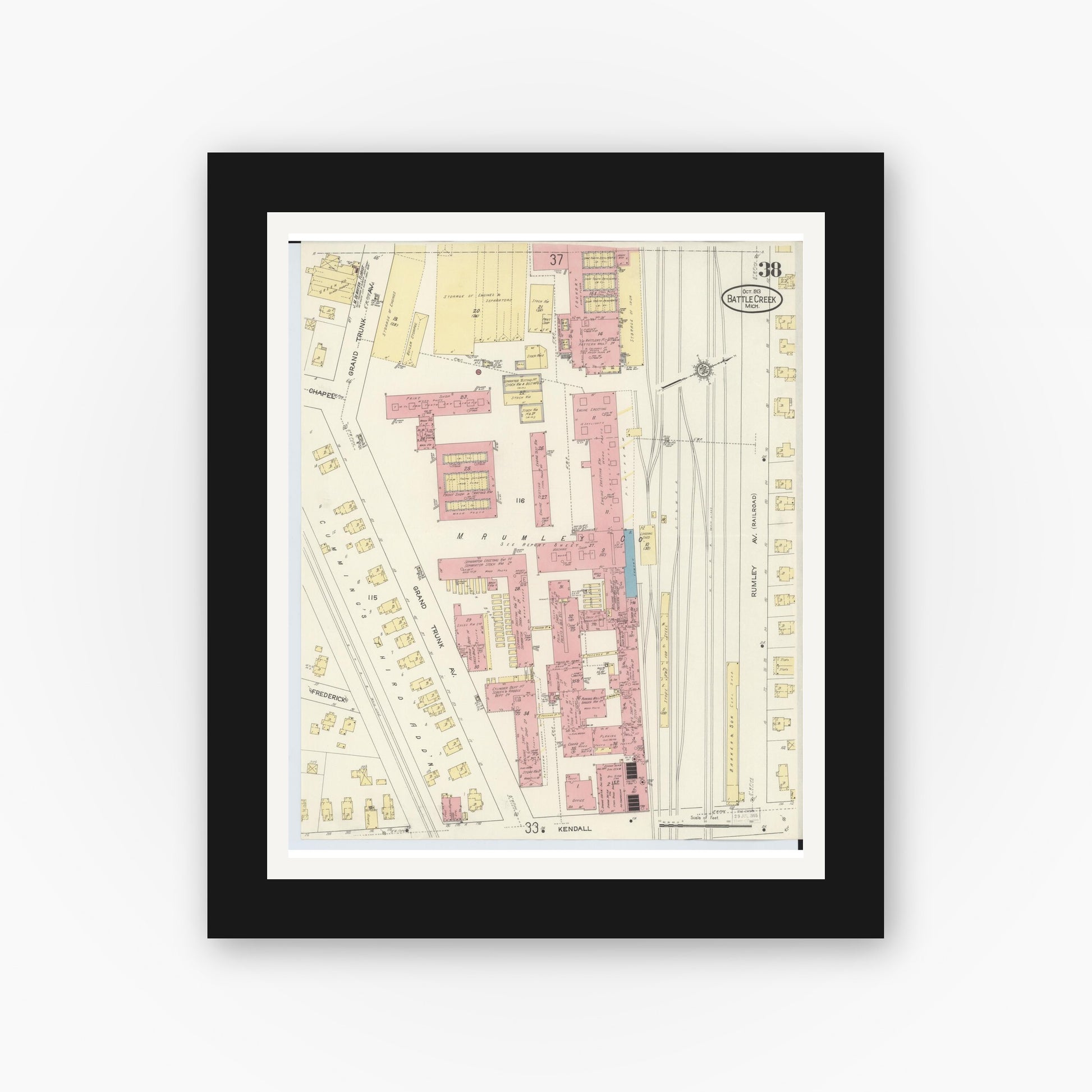 Old map wall art mockup — black gallery frame with white mat — Sanborn Fire Insurance Map from Battle Creek, Calhoun County, Michigan (1913), Sheet #0038