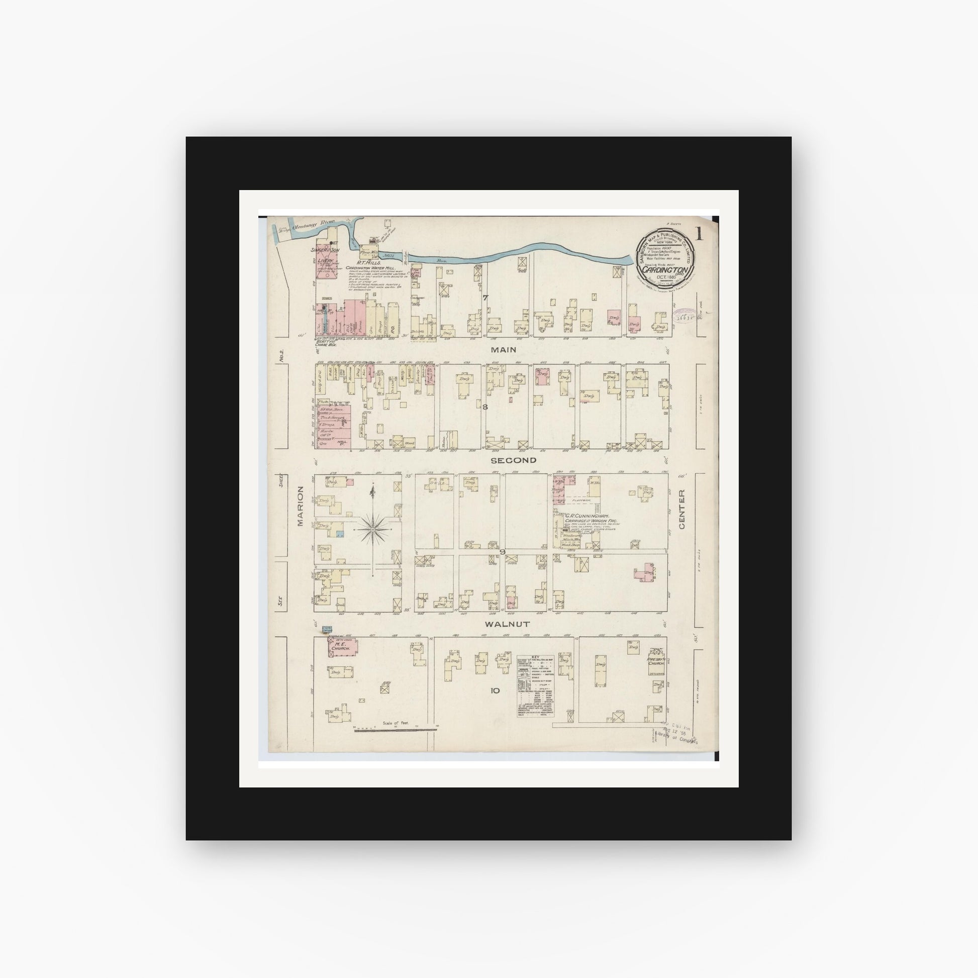 Old map wall art mockup — black gallery frame with white mat — Sanborn Fire Insurance Map from Cardington, Morrow County, Ohio (1885) - Complete Map Set