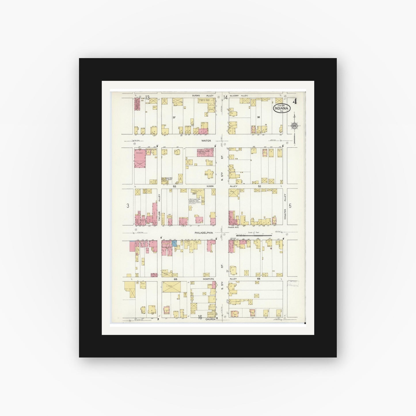 Old map wall art mockup — black gallery frame with white mat — Sanborn Fire Insurance Map from Indiana, Indiana County, Pennsylvania (1916), Sheet #0004