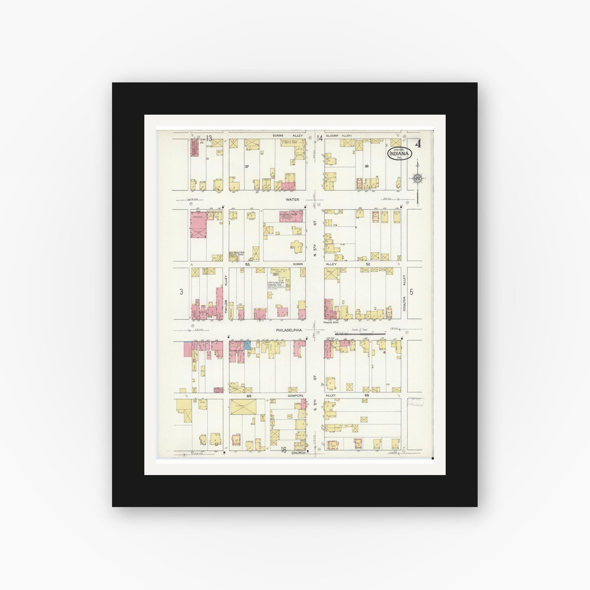 Old map wall art mockup — black gallery frame with white mat — Sanborn Fire Insurance Map from Indiana, Indiana County, Pennsylvania (1916), Sheet #0004