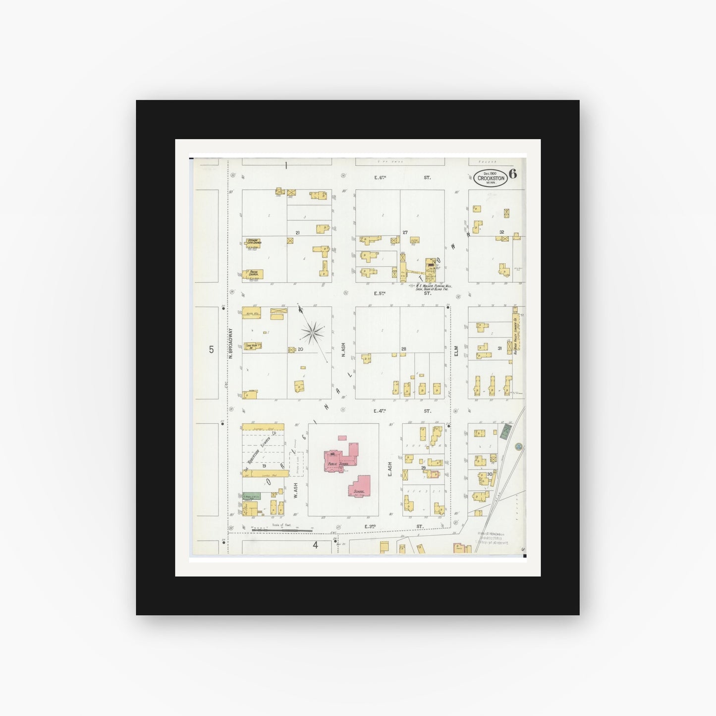 Old map wall art mockup — black gallery frame with white mat — Sanborn Fire Insurance Map from Crookston, Polk County, Minnesota (1900), Sheet #0006