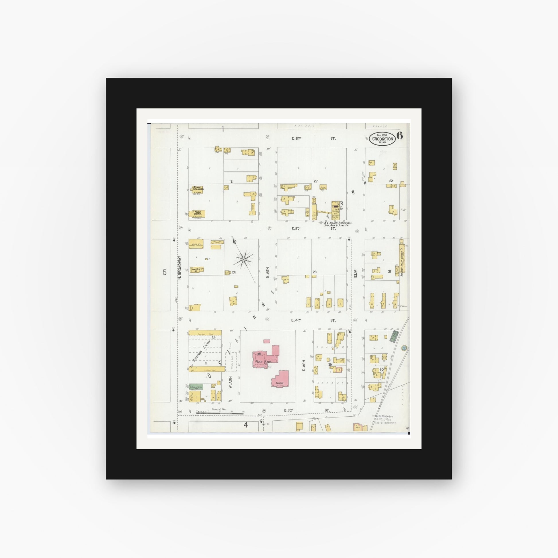 Old map wall art mockup — black gallery frame with white mat — Sanborn Fire Insurance Map from Crookston, Polk County, Minnesota (1900), Sheet #0006