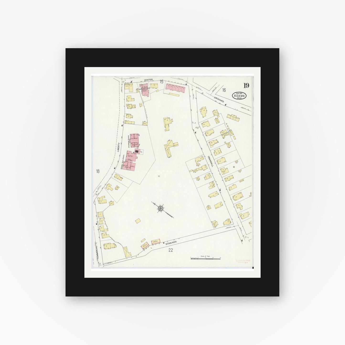 Old map wall art mockup — black gallery frame with white mat — Sanborn Fire Insurance Map from Adams, Berkshire County, Massachusetts (1914), Sheet #0019