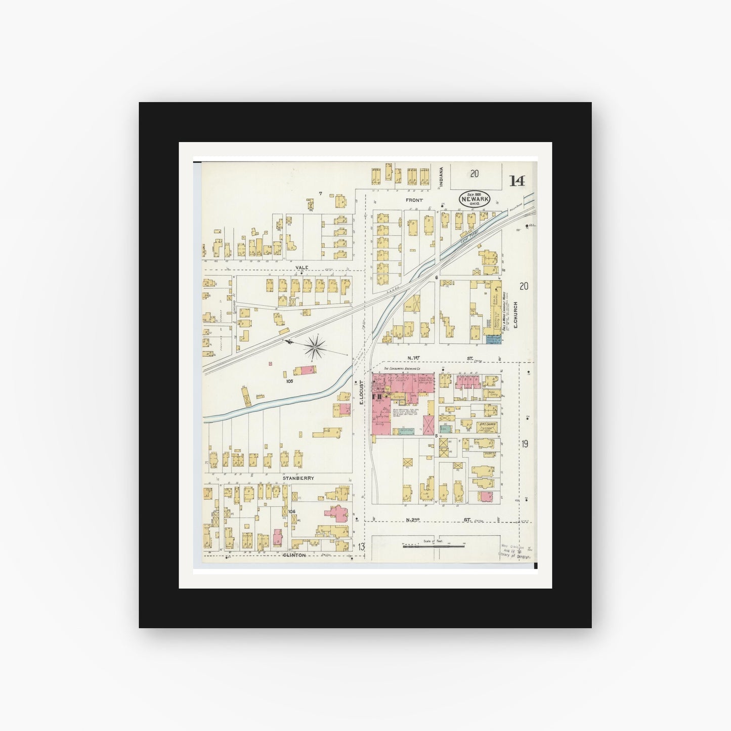 Old map wall art mockup — black gallery frame with white mat — Sanborn Fire Insurance Map from Newark, Licking County, Ohio (1905), Sheet #0014