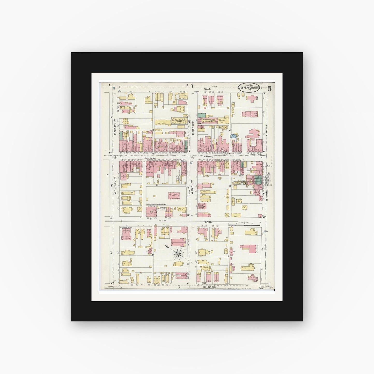 Old map wall art mockup — black gallery frame with white mat — Sanborn Fire Insurance Map from Jeffersonville, Clark County, Indiana (1898), Sheet #0005