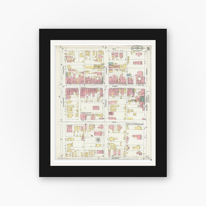 Old map wall art mockup — black gallery frame with white mat — Sanborn Fire Insurance Map from Jeffersonville, Clark County, Indiana (1898), Sheet #0005