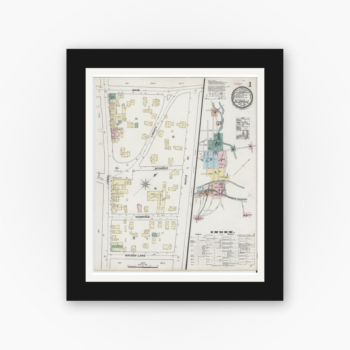 Old map wall art mockup — black gallery frame with white mat — Sanborn Fire Insurance Map from Ellenville, Ulster County, New York (1889) - Complete Map Set