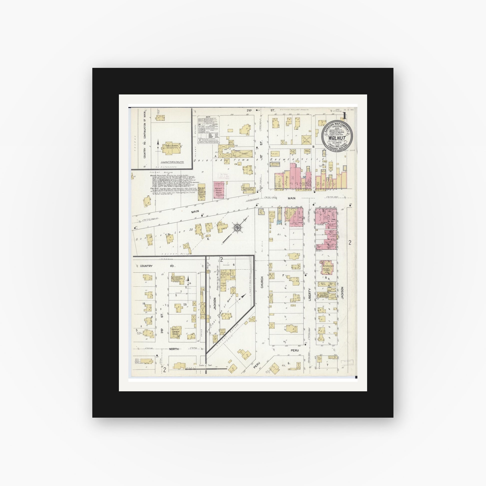 Old map wall art mockup — black gallery frame with white mat — Sanborn Fire Insurance Map from Walnut, Bureau County, Illinois (1912) - Complete Map Set