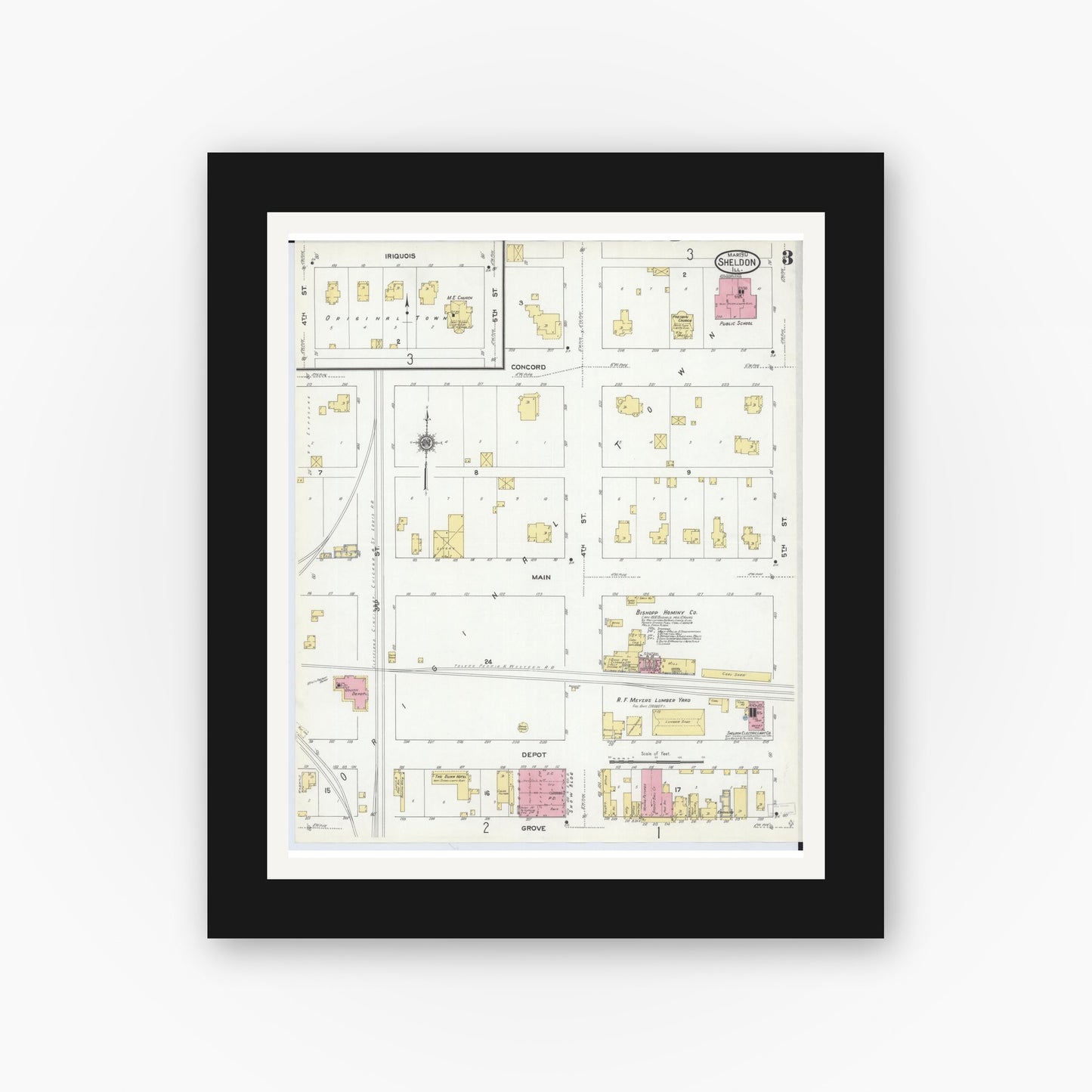 Old map wall art mockup — black gallery frame with white mat — Sanborn Fire Insurance Map from Sheldon, Iroquois County, Illinois (1910), Sheet #0003