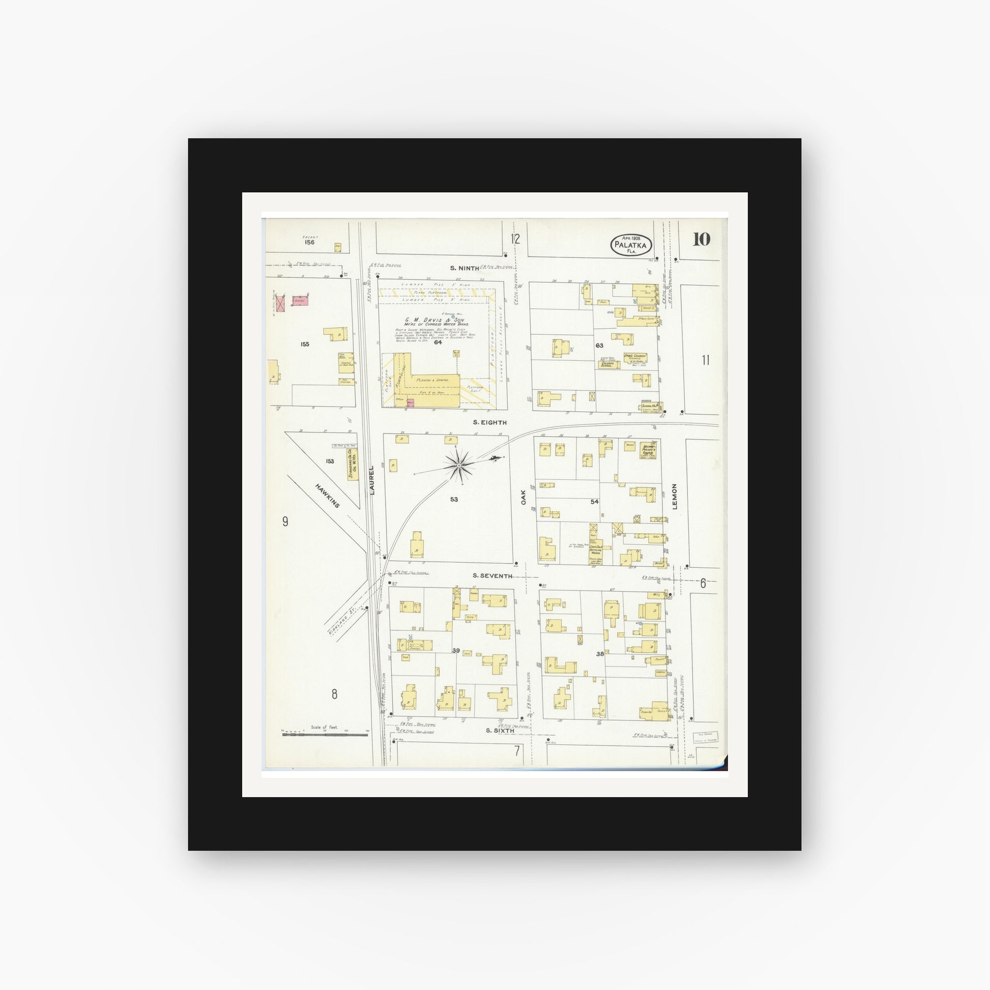 Old map wall art mockup — black gallery frame with white mat — Sanborn Fire Insurance Map from Palatka, Putnam County, Florida (1909), Sheet #0010