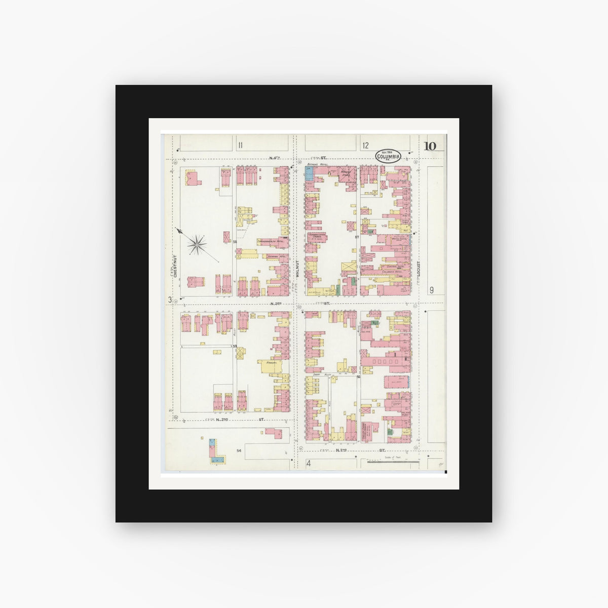 Old map wall art mockup — black gallery frame with white mat — Sanborn Fire Insurance Map from Columbia, Lancaster County, Pennsylvania (1904), Sheet #0010