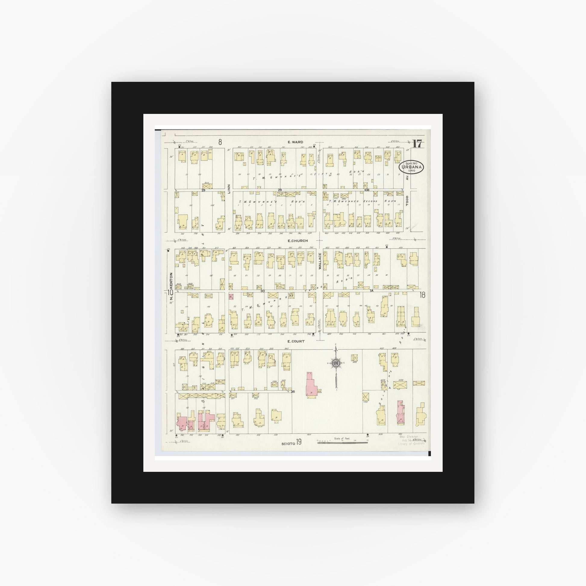 Old map wall art mockup — black gallery frame with white mat — Sanborn Fire Insurance Map from Urbana, Champaign County, Ohio (1910), Sheet #0017