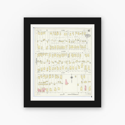 Old map wall art mockup — black gallery frame with white mat — Sanborn Fire Insurance Map from Urbana, Champaign County, Ohio (1910), Sheet #0017