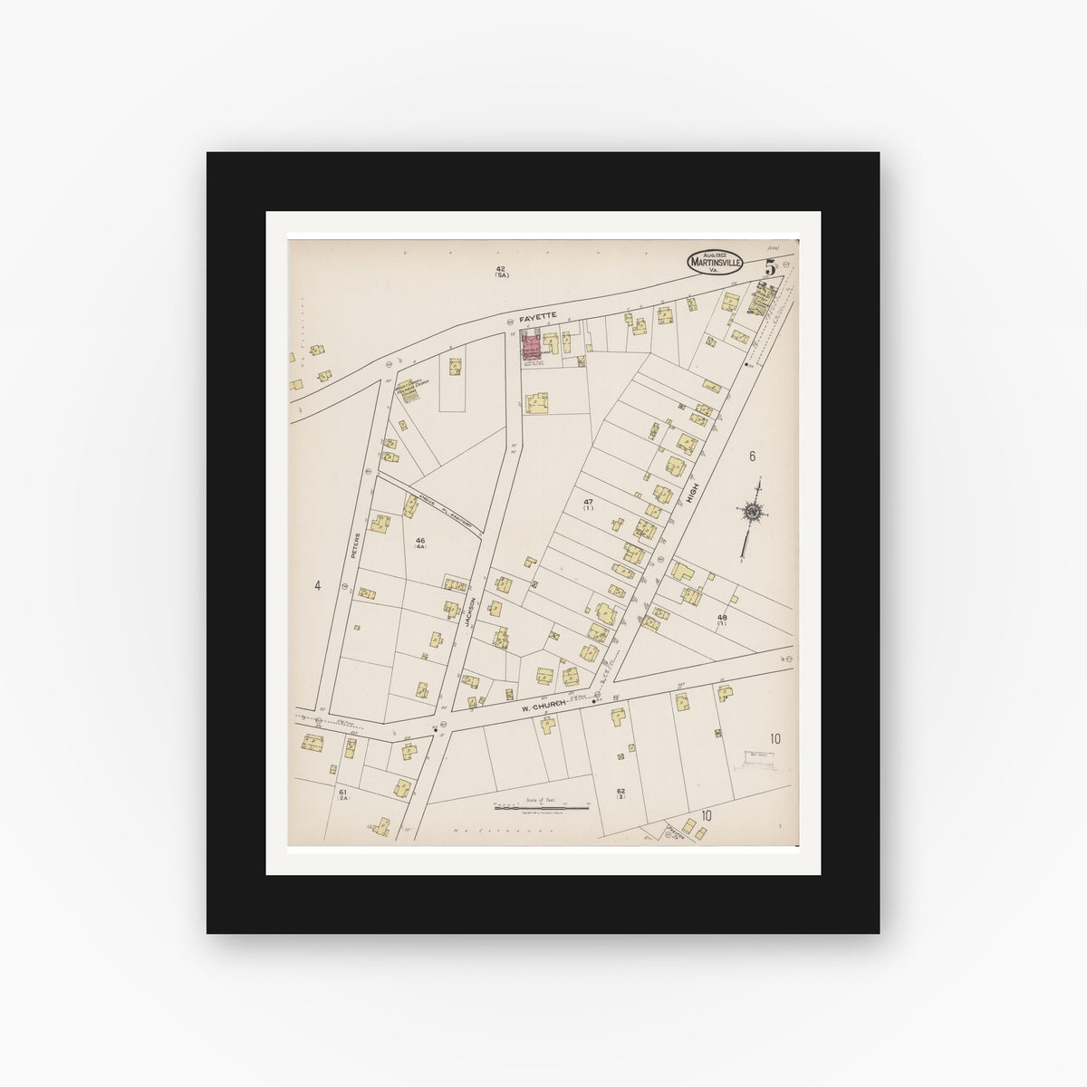 Old map wall art mockup — black gallery frame with white mat — Sanborn Fire Insurance Map from Martinsville, Independent Cities, Virginia (1922), Sheet #0005