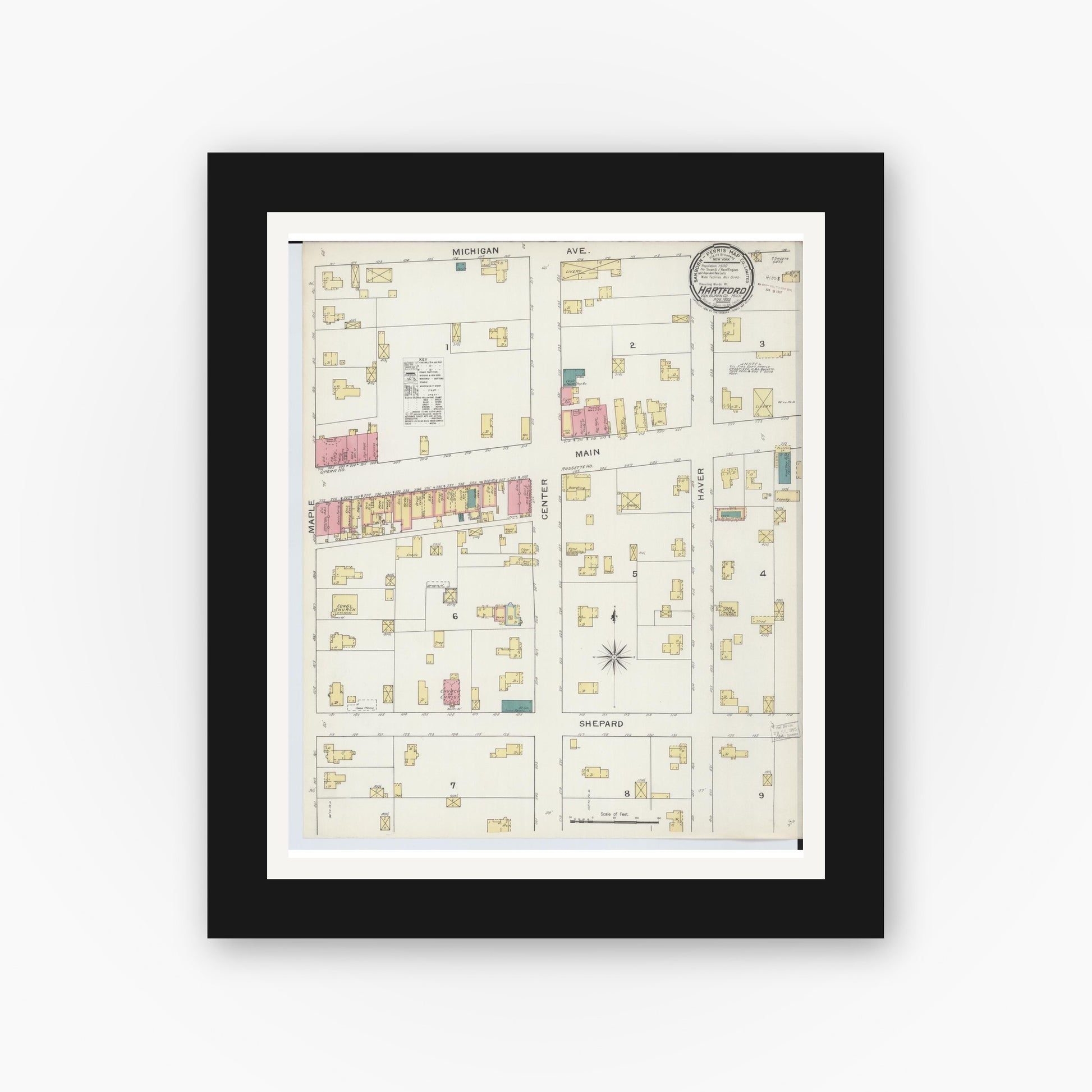 Old map wall art mockup — black gallery frame with white mat — Sanborn Fire Insurance Map from Hartford, Van Buren County, Michigan (1893) - Complete Map Set