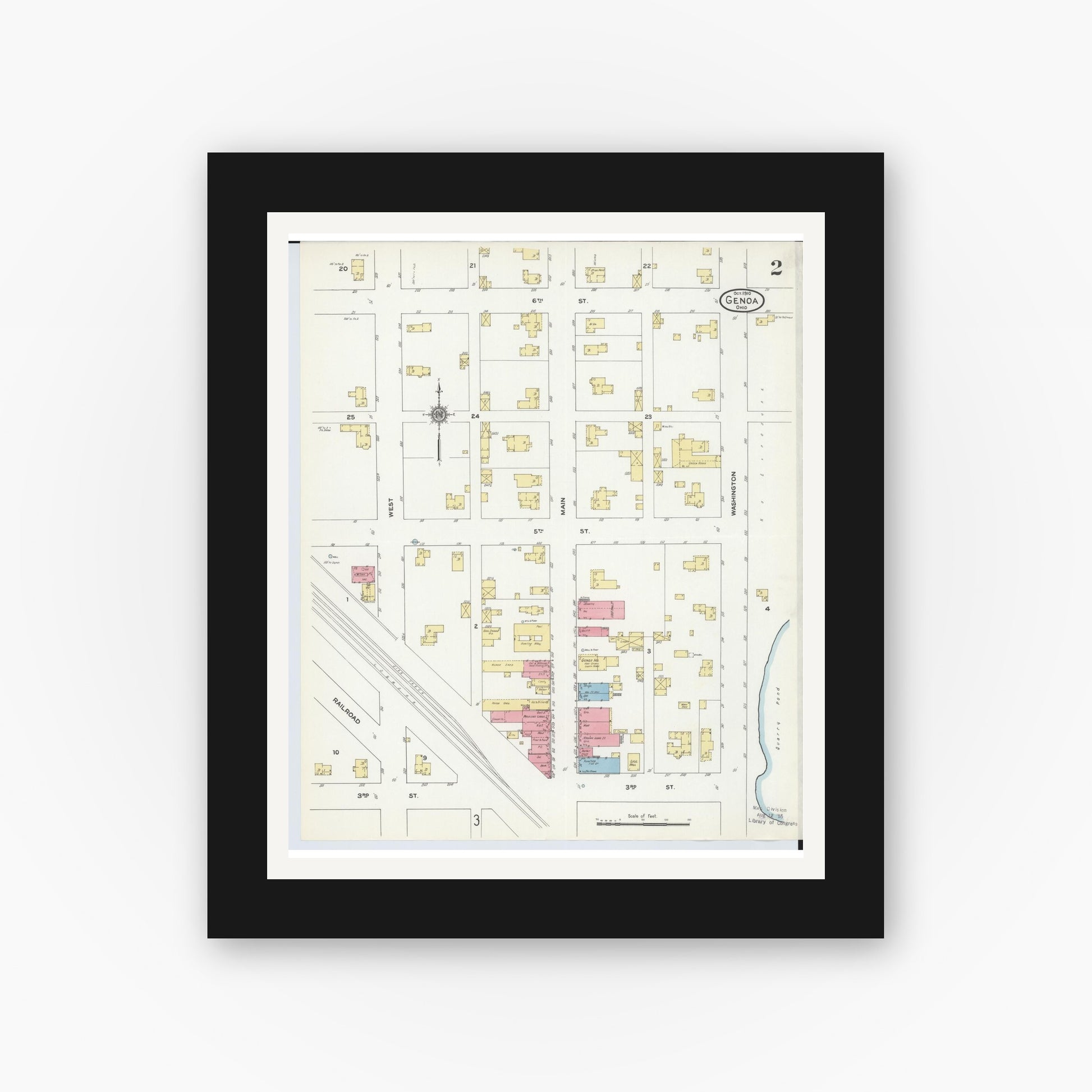 Old map wall art mockup — black gallery frame with white mat — Sanborn Fire Insurance Map from Genoa, Ottawa County, Ohio (1910), Sheet #0002