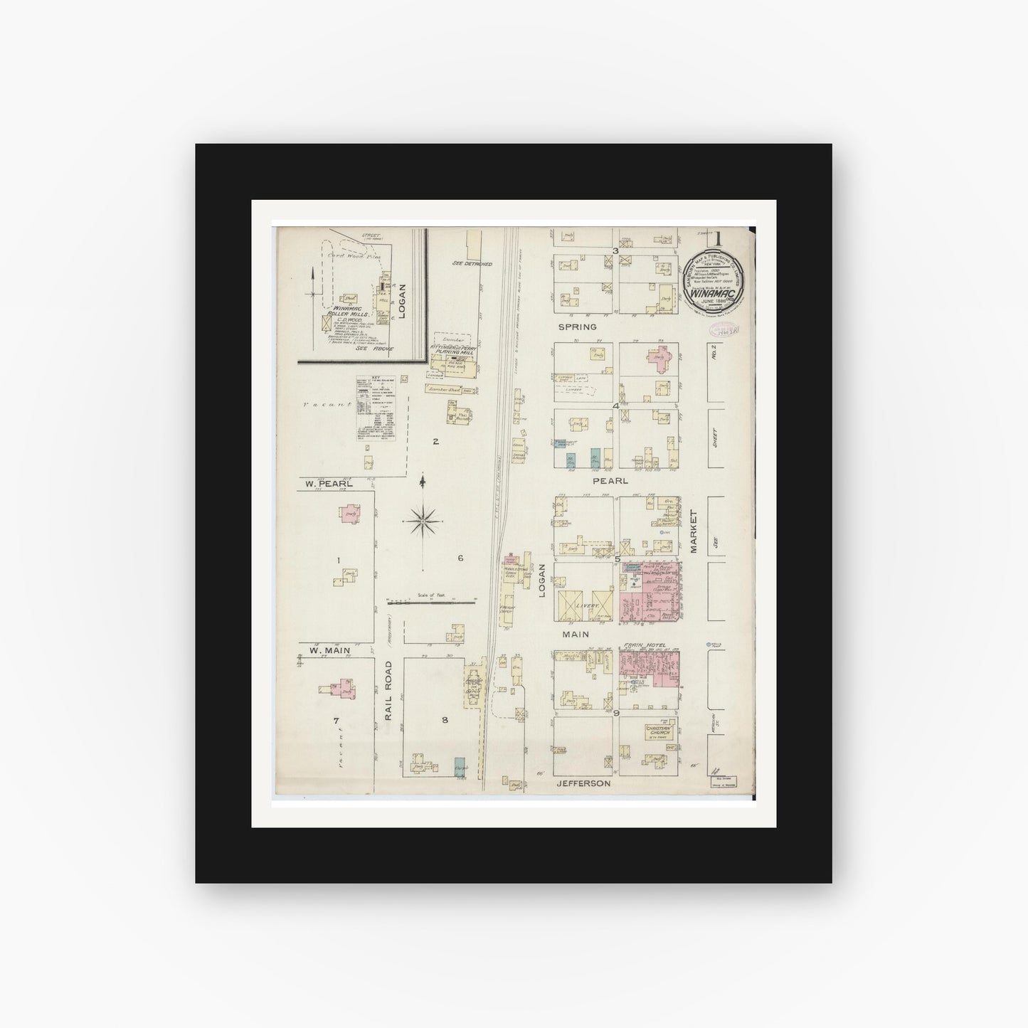 Old map wall art mockup — black gallery frame with white mat — Sanborn Fire Insurance Map from Winamac, Pulaski County, Indiana (1886), Sheet #0001