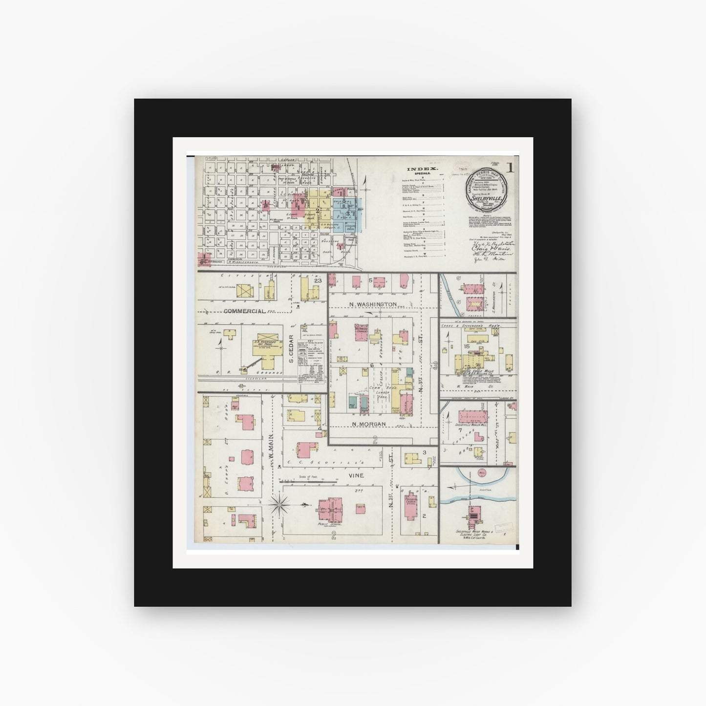 Old map wall art mockup — black gallery frame with white mat — Sanborn Fire Insurance Map from Shelbyville, Shelby County, Illinois (1893) - Complete Map Set
