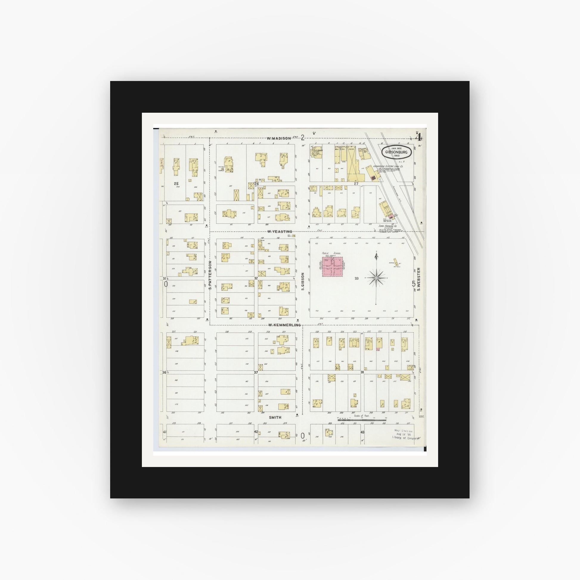 Old map wall art mockup — black gallery frame with white mat — Sanborn Fire Insurance Map from Gibsonburg, Sandusky County, Ohio (1902), Sheet #0004