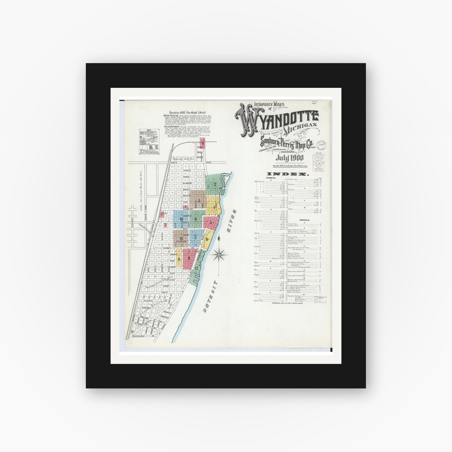 Old map wall art mockup — black gallery frame with white mat — Sanborn Fire Insurance Map from Wyandotte, Wayne County, Michigan (1900) - Complete Map Set