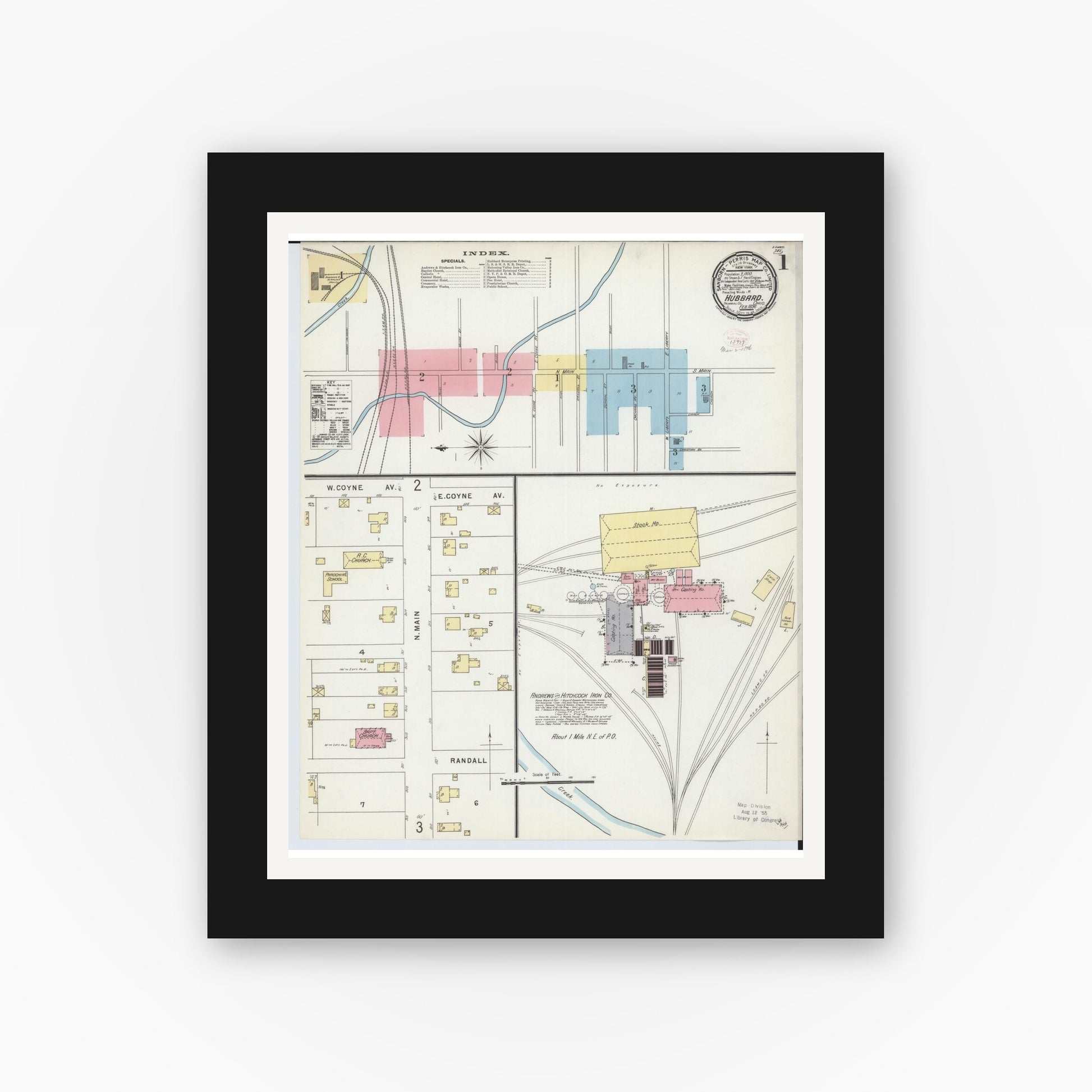 Old map wall art mockup — black gallery frame with white mat — Sanborn Fire Insurance Map from Hubbard, Trumbull County, Ohio (1896) - Complete Map Set