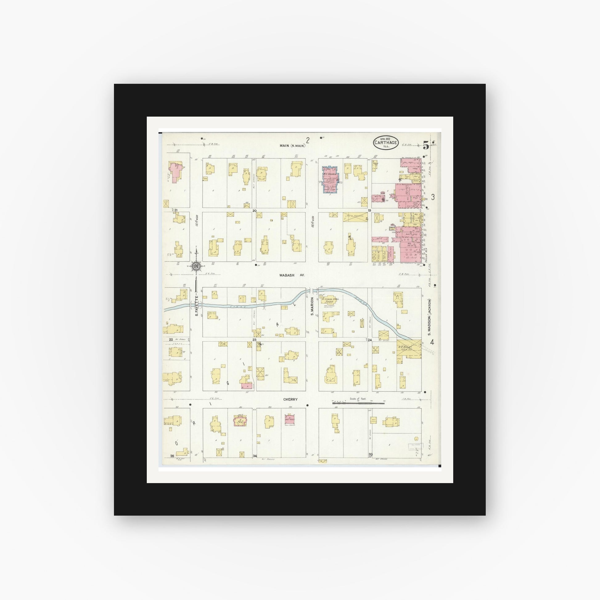 Old map wall art mockup — black gallery frame with white mat — Sanborn Fire Insurance Map from Carthage, Hancock County, Illinois (1912), Sheet #0005