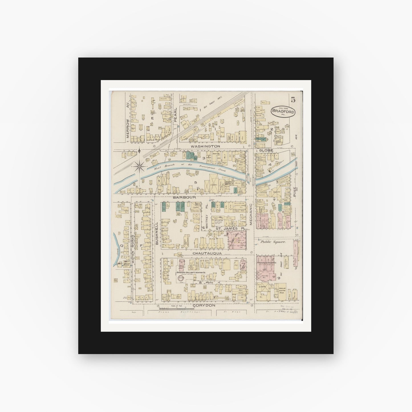 Old map wall art mockup — black gallery frame with white mat — Sanborn Fire Insurance Map from Bradford, McKean County, Pennsylvania (1886), Sheet #0005