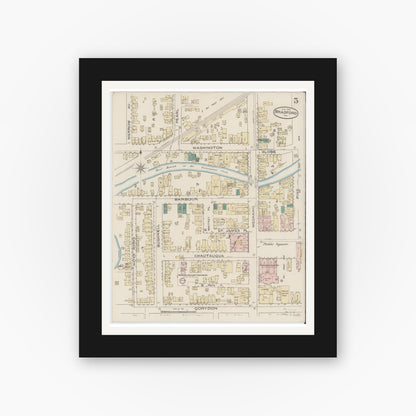 Old map wall art mockup — black gallery frame with white mat — Sanborn Fire Insurance Map from Bradford, McKean County, Pennsylvania (1886), Sheet #0005